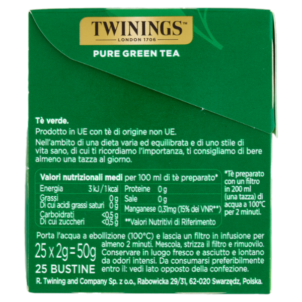 Twinings Pure Green Tea Tè Verde Antiossidante 25 filtri The 50 g