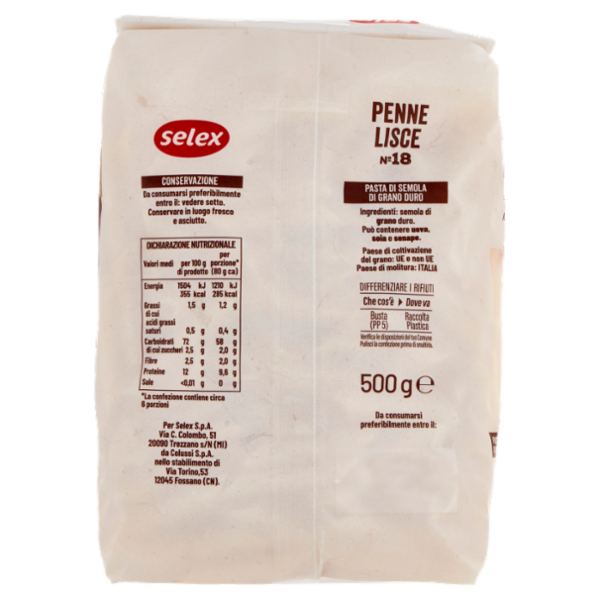 Selex Pasta di Semola Trafilata al Bronzo Penne Lisce 500 g