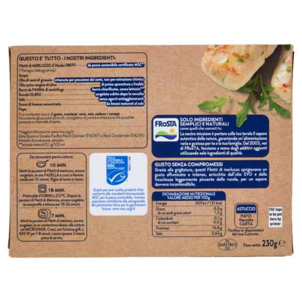 FRoSTA i Grigliati 2 Filetti di Merluzzo Olio Extra Vergine di Oliva Rucola 230 g