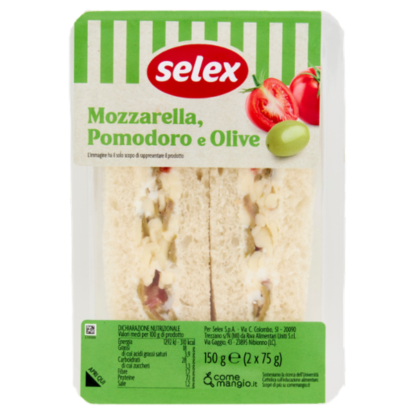 Selex Tramezzini Farciti Mozzarella, Pomodoro e Olive 2x75 g