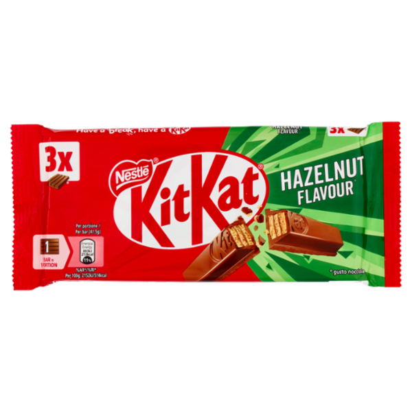 KITKAT Hazelnut Wafer ricoperto di Cioccolato al Latte al gusto Nocciola 3 Snack da 41,5g