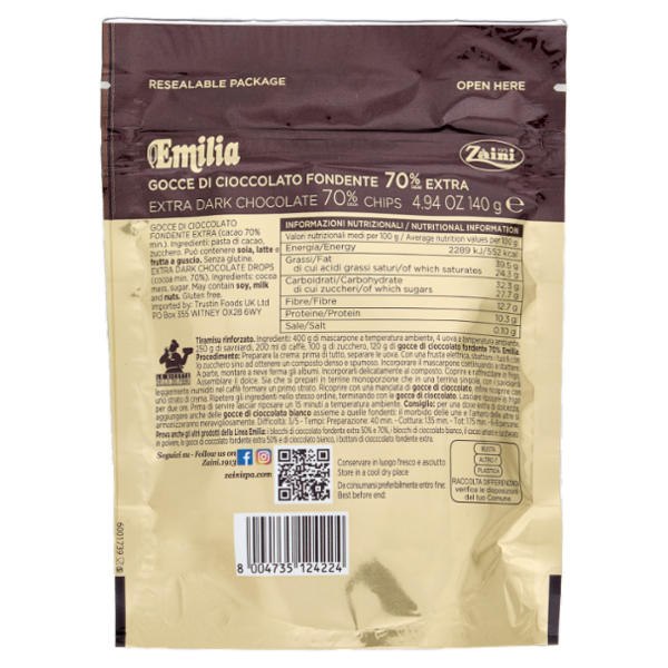 Zàini Emilia Gocce di Cioccolato Fondente Extra 70% Cacao 140 g