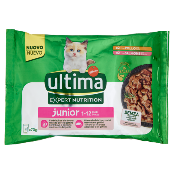 ultima Expert Nutrition Cat junior 1-12 Mesi con Pollo, con Salmone in Salsa 4 x 70 g