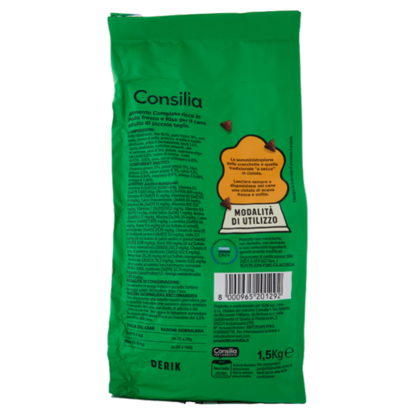 Consilia Derik Cane Adulto di Taglia Piccola Crocchette con Pollo Fresco e Riso 1,5 kg