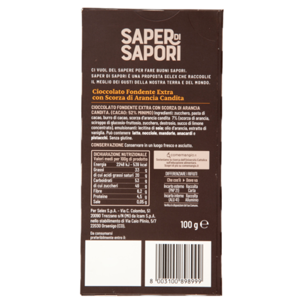 Selex Saper di Sapori Cioccolato Fondente Extra con Scorza di Arancia Candita 100 g