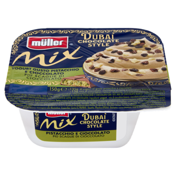 müller Mix Dubai Chocolate Style Yogurt Gusto Pistacchio e Cioccolato Più Scaglie di Cioccolato 150g
