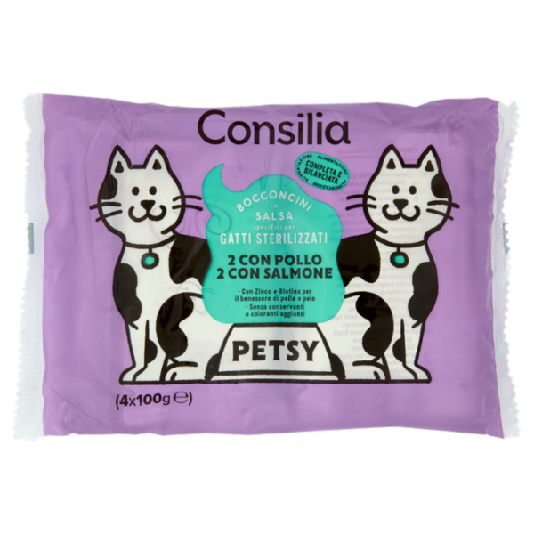 Consilia Petsy Gatto Sterilizzato Bocconcini in Salsa 2 con Pollo e 2 con Salmone 4x100 g