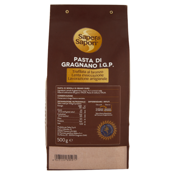 Selex Saper di Sapori Pasta di Semola di Gragnano I.G.P. Paccheri Lisci 500 g