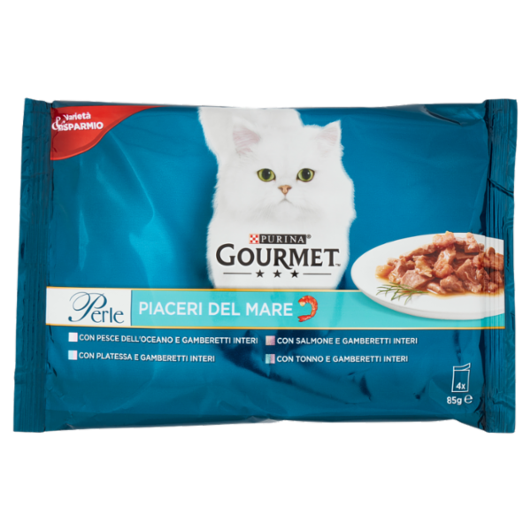 PURINA GOURMET Perle Piaceri del Mare Pesce dell'Oceano / Platessa / Salmone / Tonno 4 x 85 g