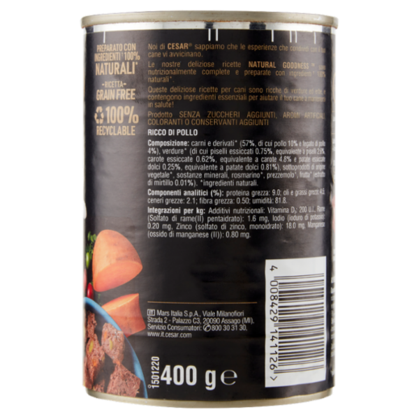 Cesar Natural Goodness Cibo Umido Cane con Pollo, con Patate Dolci, Piselli e Mirtillo Rosso 400 g