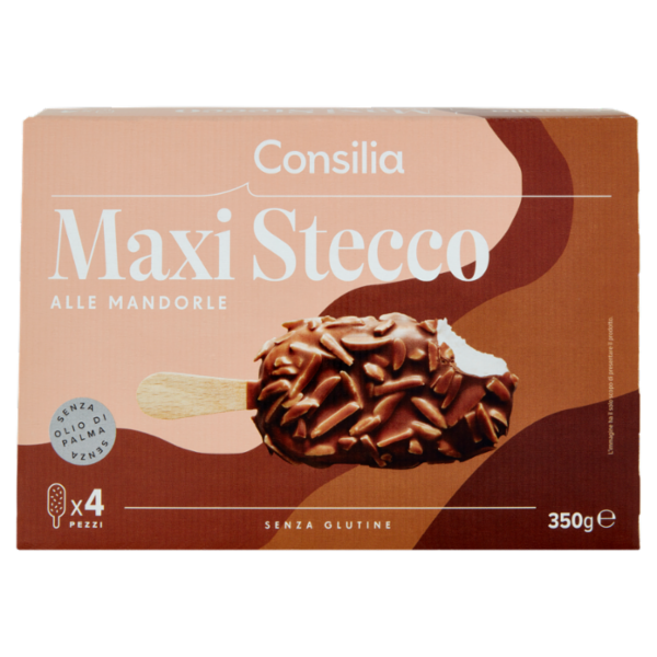 Consilia 4 Maxistecchi di Gelato Vaniglia Ricoperti Cioccolato al Latte e Mandorle 350 g
