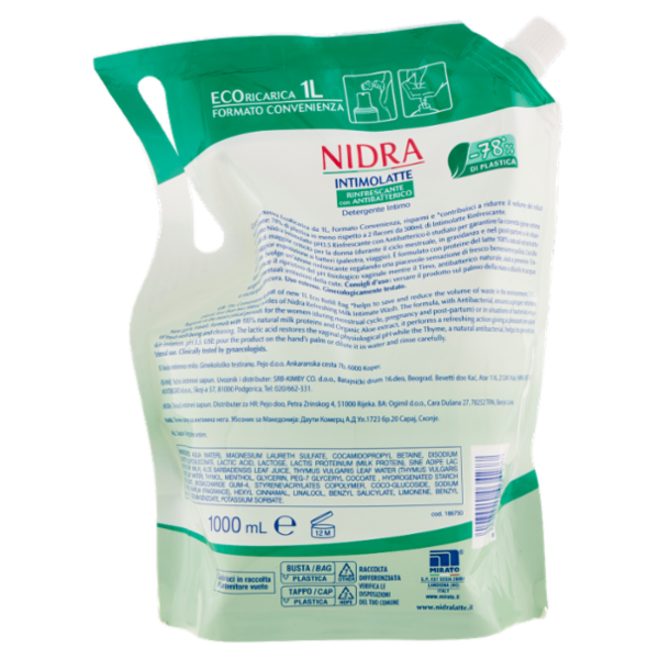 Nidra Intimolatte Rinfrescante con Antibatterico Detergente Intimo pH 3.5 Ecoricarica 1 L