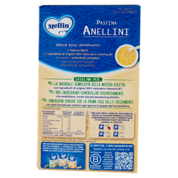 MELLIN Pastina 100% Naturale Anellini con farina Grano Tenero 320 g