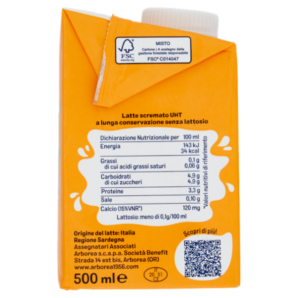 Arborea Ad Latte Scremato ad Alta Digeribilità Zero Grassi Senza Lattosio 500 ml