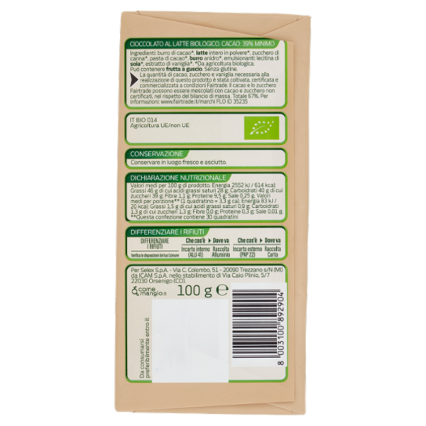 Selex Natura Chiama Cioccolato al Latte Biologico 100 g