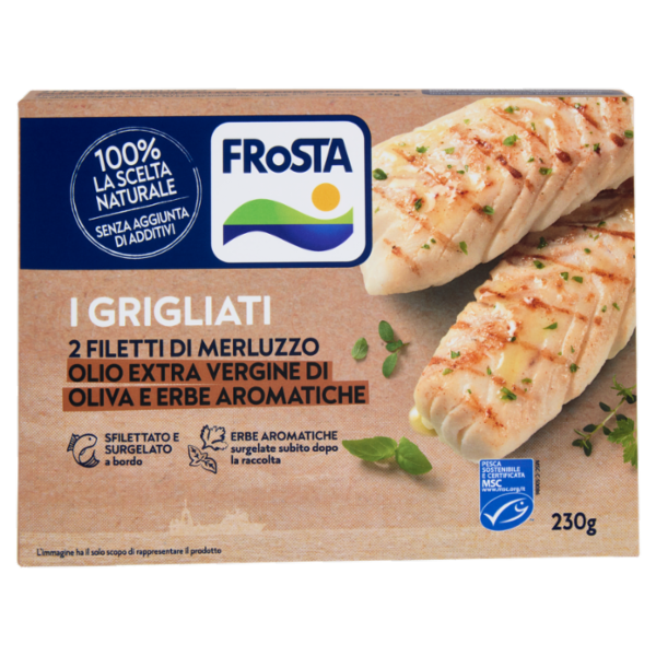 FRoSTA i Grigliati 2 Filetti di Merluzzo Olio Extra Vergine di Oliva e Erbe Aromatiche 230 g