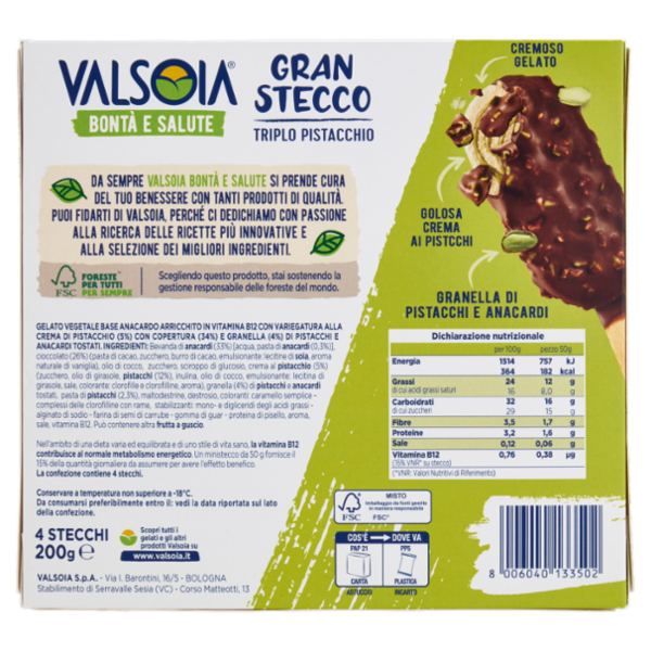 Valsoia Bontà e Salute Gran Stecco Triplo Pistacchio Mini 4 x 50 g