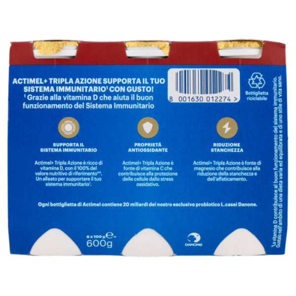 ACTIMEL Tripla Azione, Yogurt da Bere con Vit D e C e Magnesio, gusto Fragola&Melograno,6x100G