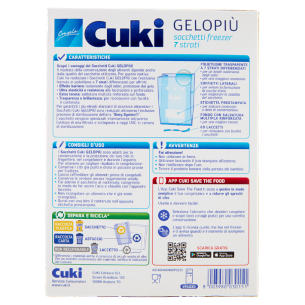 Cuki Congela Gelopiù sacchetti freezer 7 strati Formato Piccolo 18 x 28 cm 60 pz