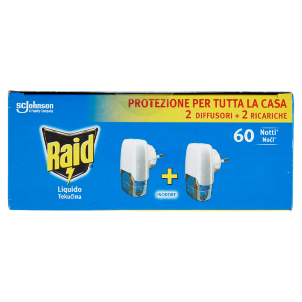 Raid Liquido Elettrico Antizanzare, Inodore, 60 Notti, 2 Diffusori e 2 Ricariche