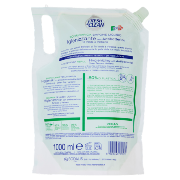 Fresh & Clean Sapone Liquido Igienizzante con Antibatterico Tè Verde e Verbena Ecoricarica 1000 ml