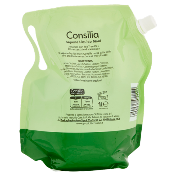 Consilia Sapone Liquido Mani Vellutante con Aloe Ricarica 1 L