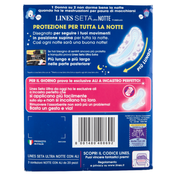 Lines Seta ultra assorbenti notte con ali 60 pz