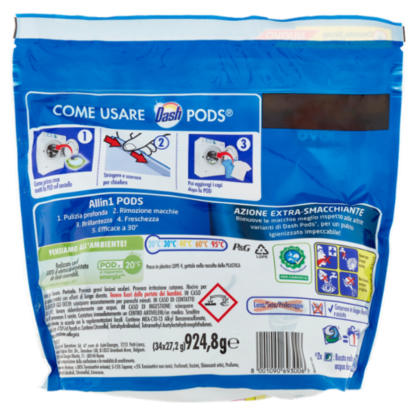 Dash Pods Allin1 Detersivo Lavatrice Capsule Bucato + Azione Extra-Smacchiante 34 Lavaggi 924,8 g