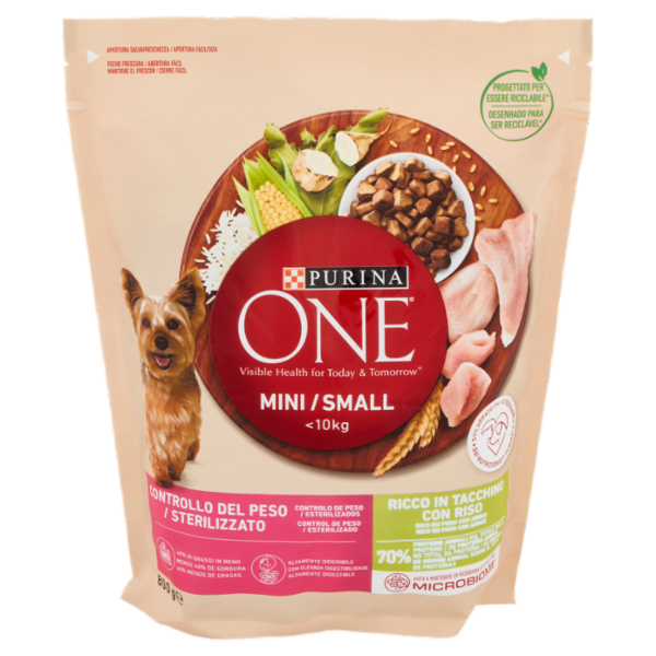 PURINA ONE Mini/Small Controllo del Peso/Sterilizzato Ricco in Tacchino con Riso 800 g