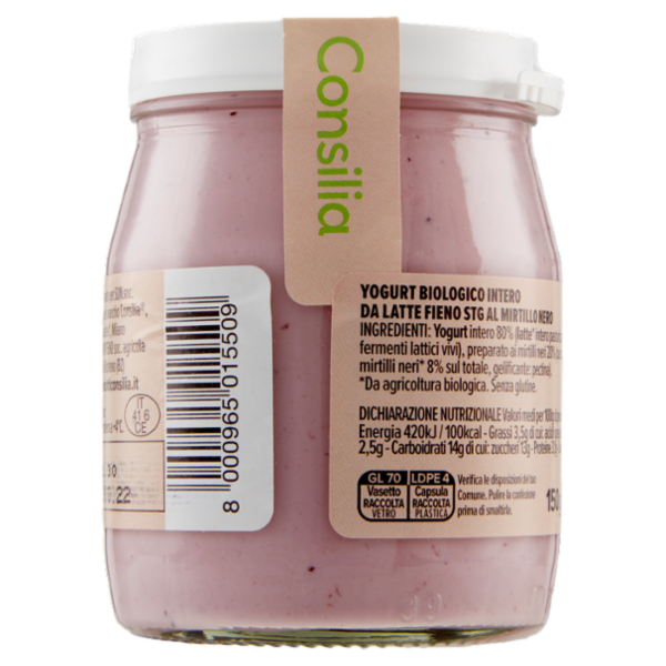 Consilia Yogurt Intero Mirtillo Nero Biologico 150 g