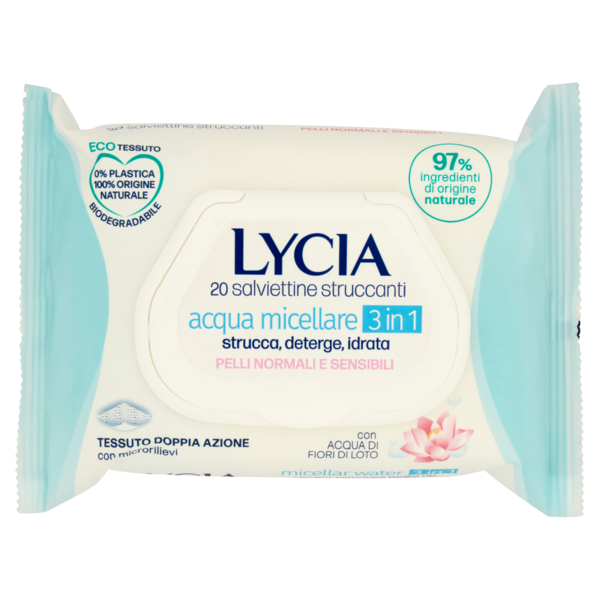 Lycia salviettine viso all'acqua micellare 3 in 1 Tutti i Tipi di Pelle Anche Sensibili 20 pz