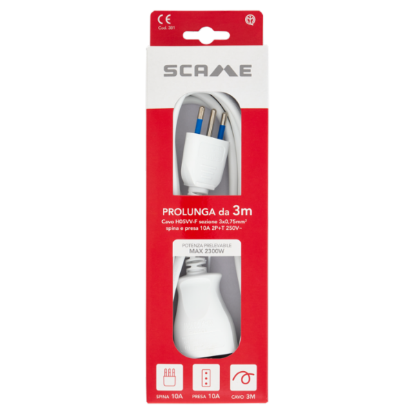 Scame Prolunga da 3m Cavo H05VV-F sezione 3x0,75mm² spina e presa 10A 2P+T 250V