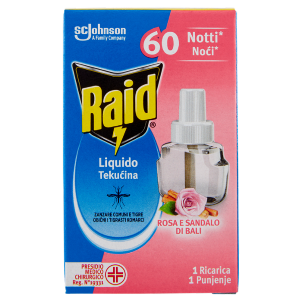 Raid Liquido Elettrico Ricarica, 60 Notti, Rosa e sandalo di bali, 36ml