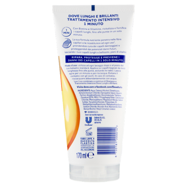 Dove Lunghi e Brillanti Trattamento Intensivo per Capelli Lunghi e Spenti 1 Min 170 ml