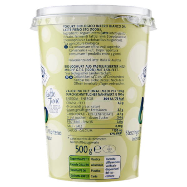 Sterzing Vipiteno bio Yogurt da Latte Fieno Intero bianco 500 g