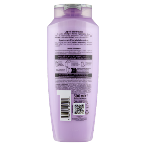 Elvive Hydra Hyaluronic Shampoo 72H Idratazione Profonda, per Capelli Disidratati, 300 ml