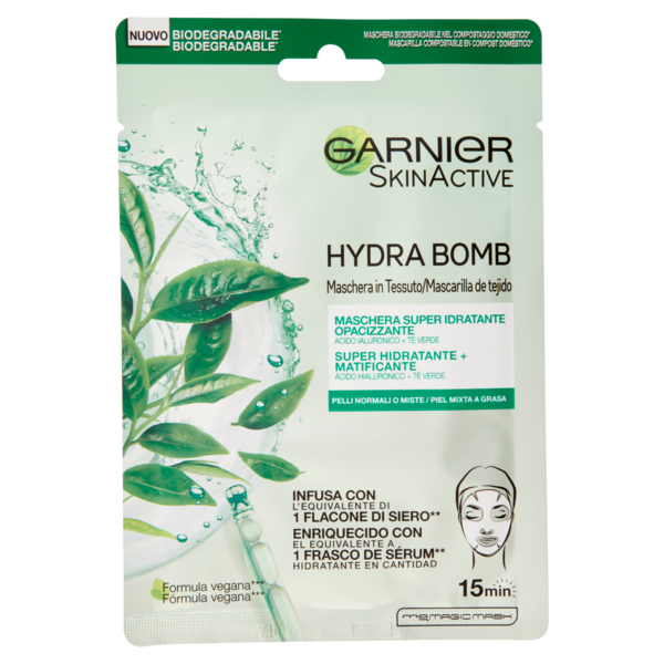 Garnier SkinActive Hydra Bomb Maschera Viso in Tessuto Super Idratante Opacizzante al The Verde