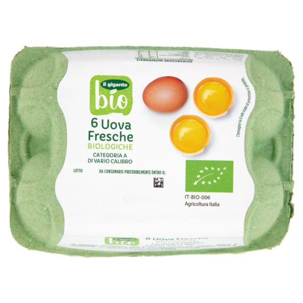 IL GIGANTE bio 6 Uova Fresche Biologiche di Vario Calibro 330 g
