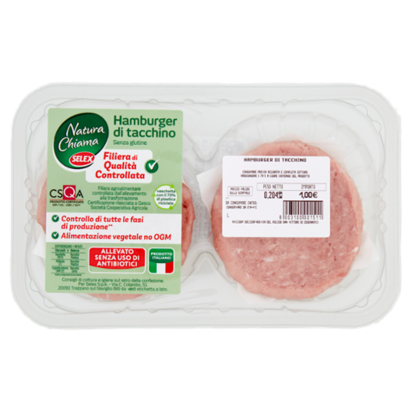 Selex Natura Chiama Hamburger di Tacchino Allevato Senza Antibiotici Senza Glutine 204 g