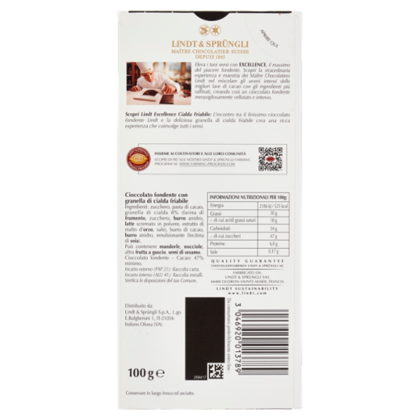 Lindt Excellence Tavoletta Cioccolato Fondente Cialda Friabile 100 g