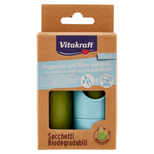 Vitakraft Care Dispenser con fibre naturali + sacchetti raccogli feci biodegradabili 2 x 15 pz