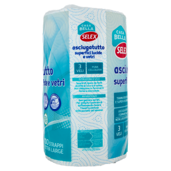 Selex Casa Bella Asciugatutto 3 Veli per Superfici Lucide e Vetri Bobina 100 Strappi