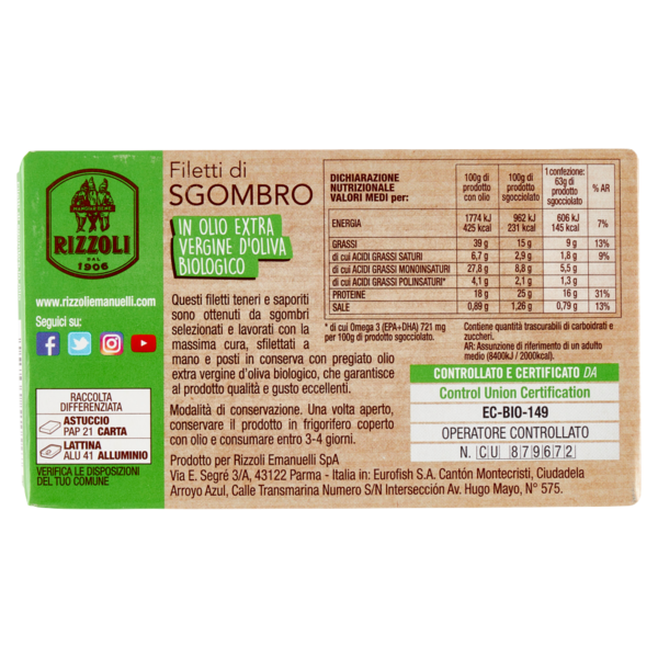 Rizzoli Filetti di Sgombro in Olio Extra Vergine d'Oliva Biologico 90 g