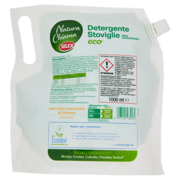 Selex Natura Chiama Detergente per Stoviglie Ultra Concentrato Limone Eco Ricarica 1 L