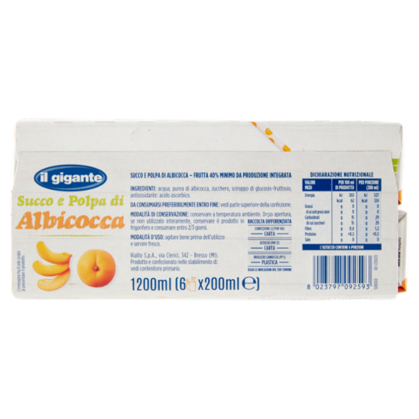 IL GIGANTE Succo e Polpa di Albicocca 6 x 200 ml