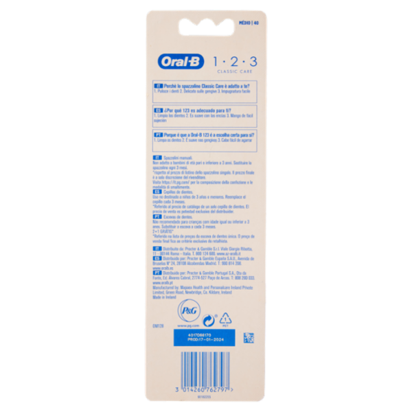 Oral-B Spazzolino Manuale 1 2 3 Classic Care 40 Medio 2+1 Gratis