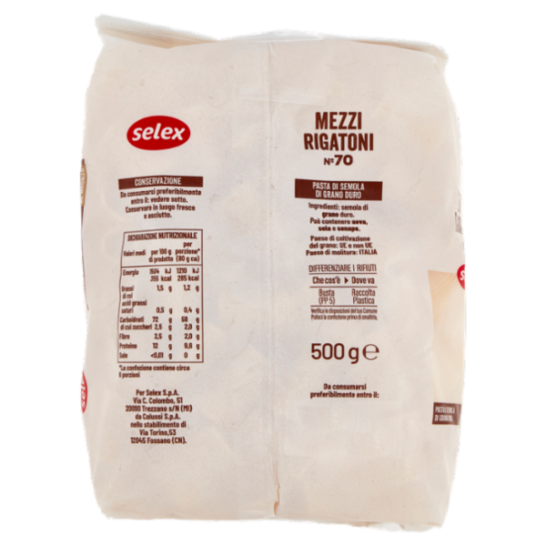 Selex Pasta di Semola Trafilata al Bronzo Mezzi Rigatoni 500 g