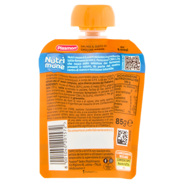 Plasmon il Frullato Nutri mune Pesca e Yogurt con Mela 85 g