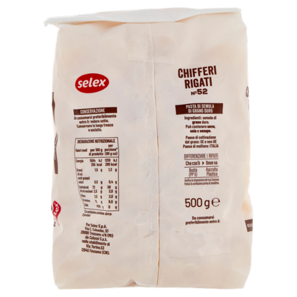 Selex Pasta di Semola Trafilata al Bronzo Chifferi Rigati 500 g
