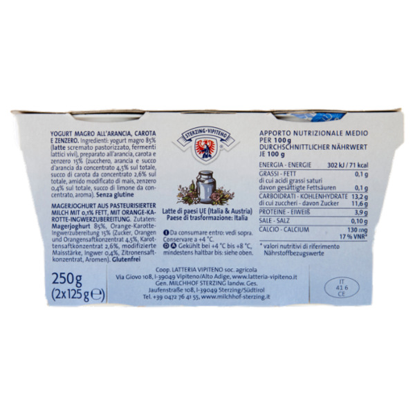 Sterzing Vipiteno 0,1% Grassi Yogurt Magro all'Arancia Carota e Zenzero 2 x 125 g